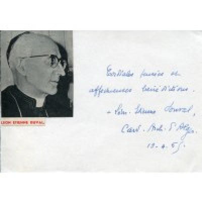 The handwriting reads, “Cordial thoughts and affectionate blessings, Léon-Etienne Duval, Cardinal Archbishop of Algiers,&quot; April 19, 1965